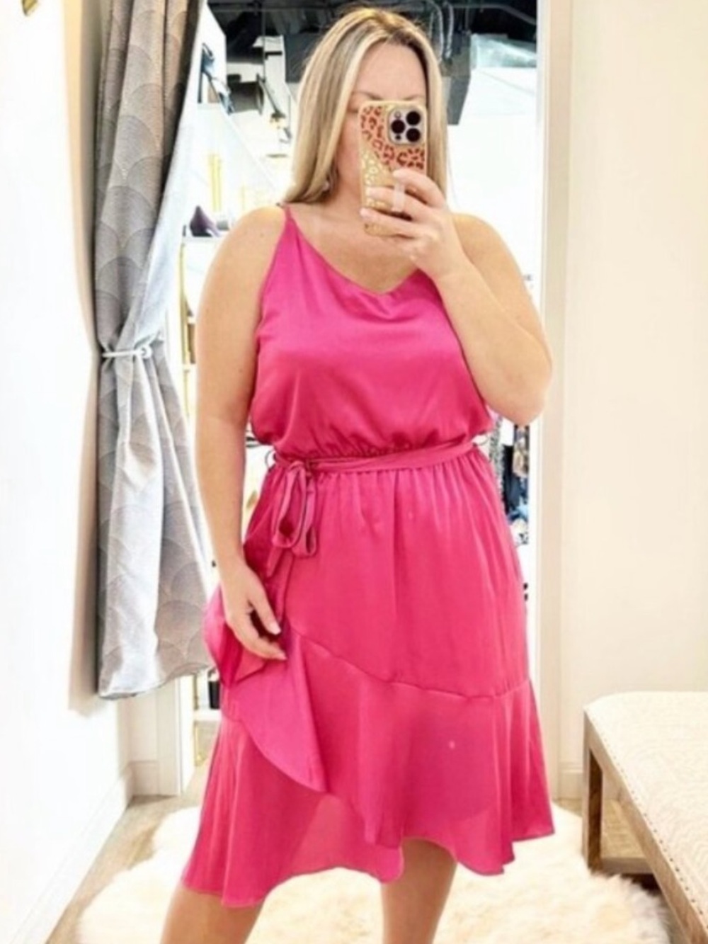 TAHARI Satin hot Pink Ruffle Hem Faux Wrap Dress Tie Bow Stretch Size XL